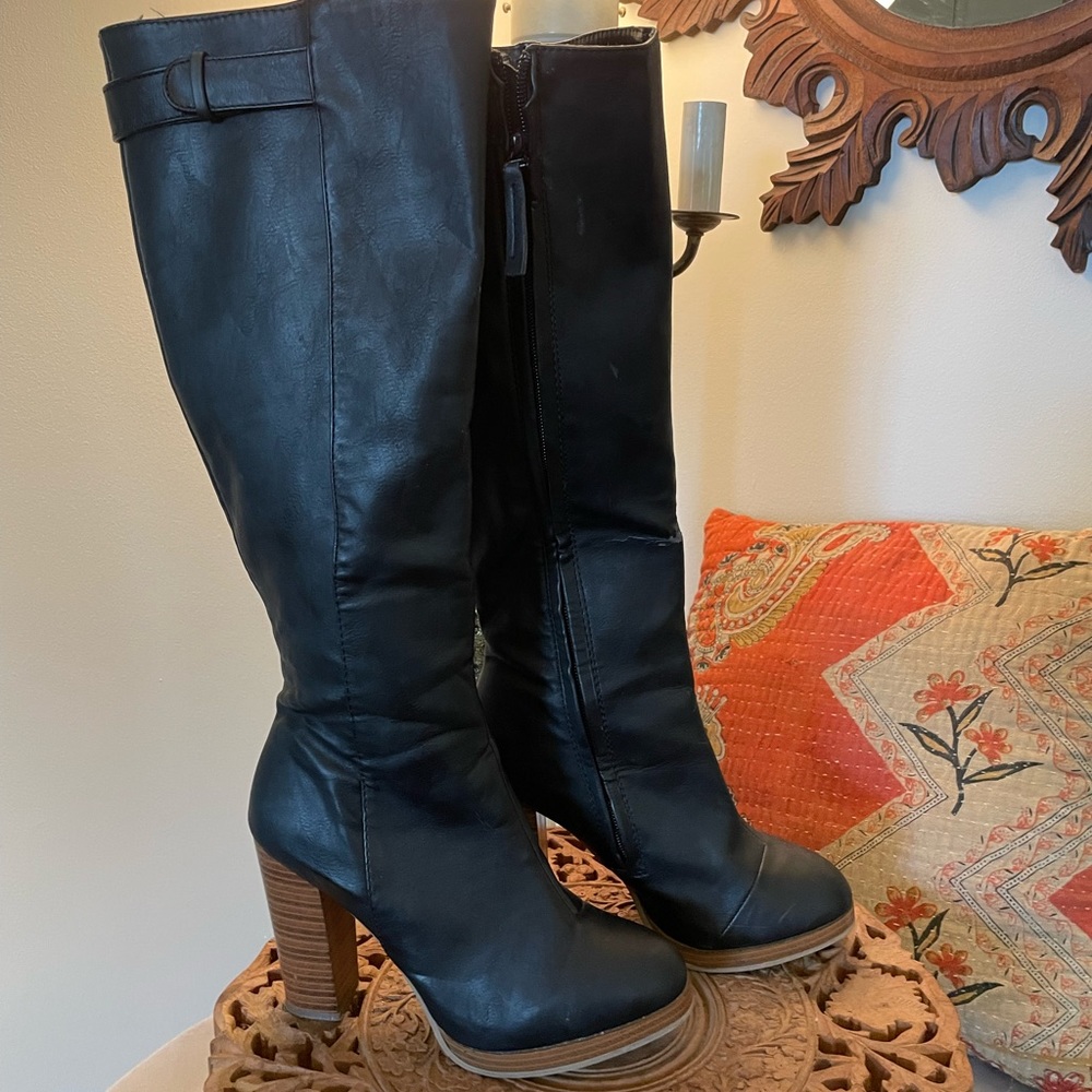 Black Faux Leather Heeled Knee Boots